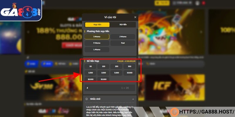 Số tiền cần nạp có các mốc sẵn